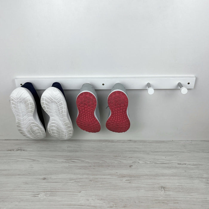 Wooden White Wall Shelf With Metal Hooks for Shoes - EvenWood