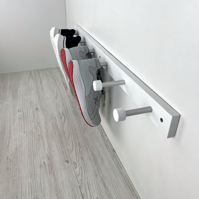 Wooden White Wall Shelf With Metal Hooks for Shoes - EvenWood