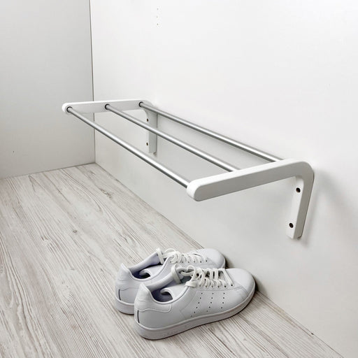 1 Tier White Shoe Rack for Wall | Silver Rods - Even Wood