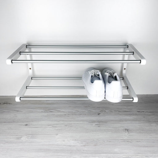 2 Tier White Wood Shoe Shelf for Wall | Silver Rods - Even Wood