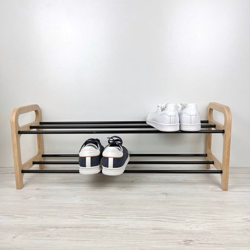 2 Tier Wood Shoe Shelf for Floor | Natural + Black Rods - Even Wood