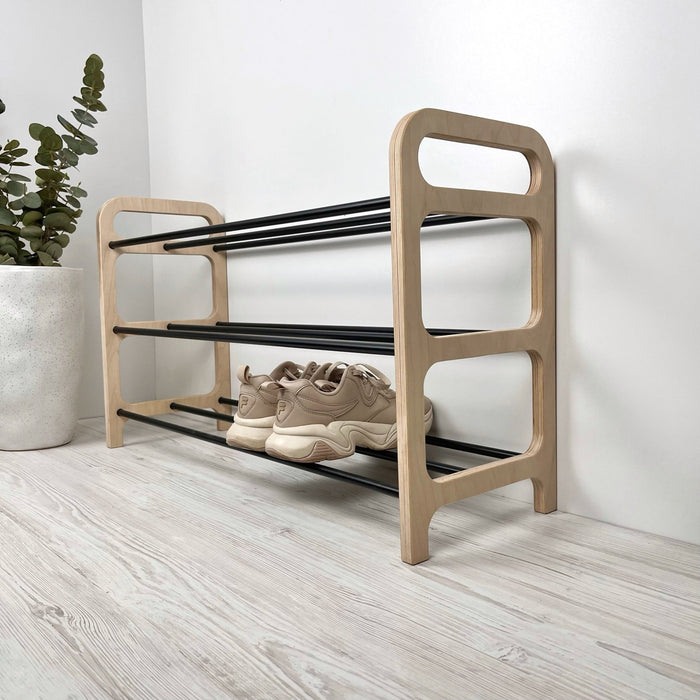 3 Tier Wooden Shoe rack for Floor | Natural + Black Rods - Even Wood