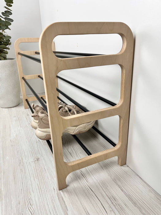 3 Tier Wooden Shoe rack for Floor | Natural + Black Rods - Even Wood