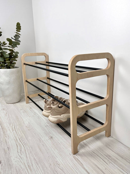 3 Tier Wooden Shoe rack for Floor | Natural + Black Rods - Even Wood