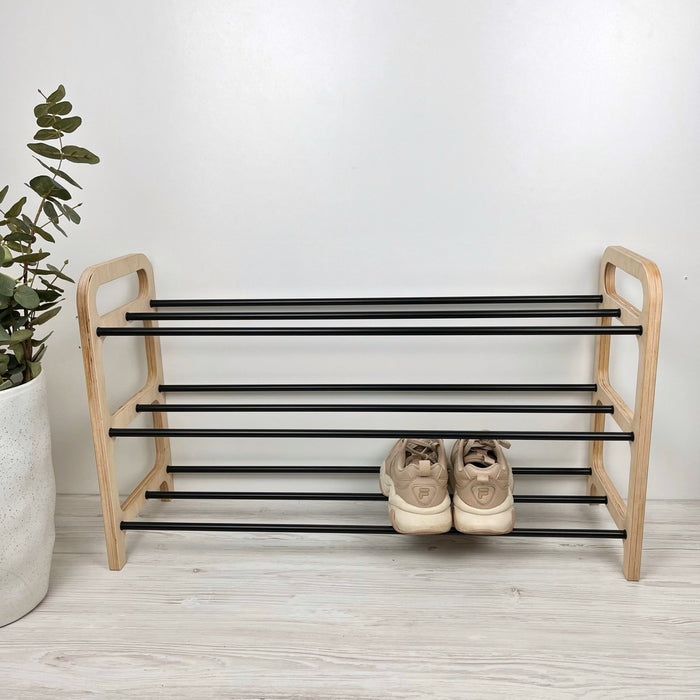 3 Tier Wooden Shoe rack for Floor | Natural + Black Rods - Even Wood