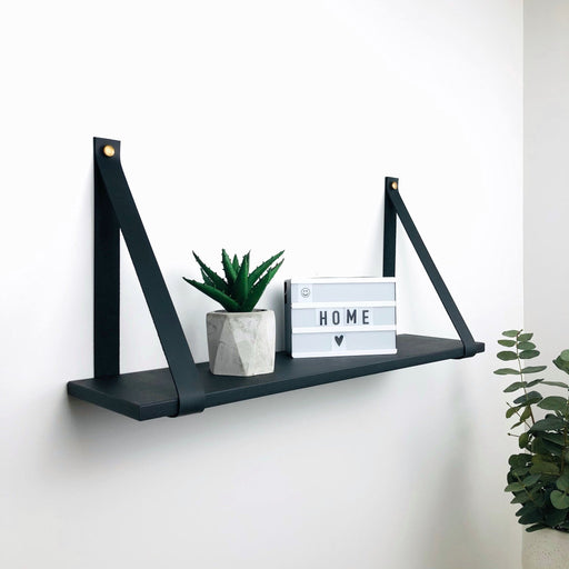 Black Wood Floating Shelf With Leather Straps - Even Wood
