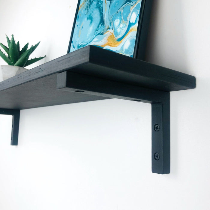 Black Wooden Floating Shelf With Brackets - Even Wood