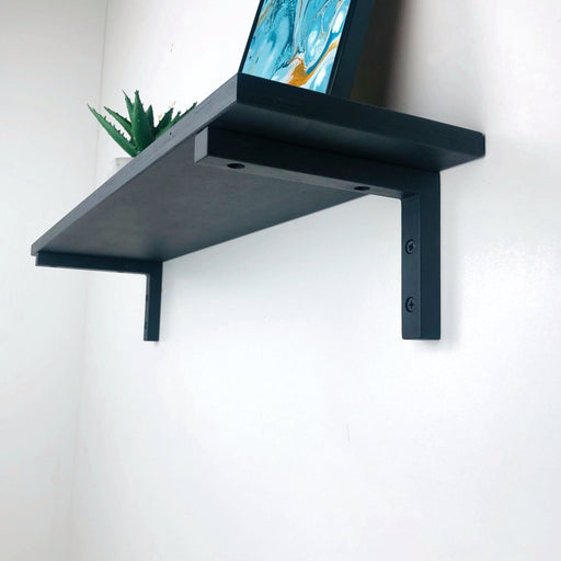Black Wooden Floating Shelf With Brackets - Even Wood