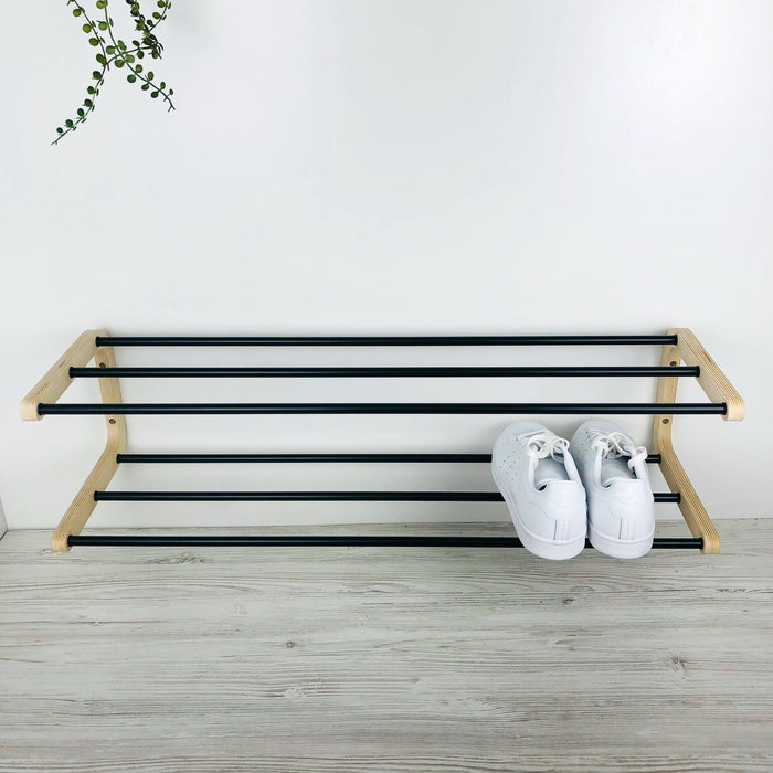 Double Tier Shoe Rack for Wall | Natural + Black Rods - Even Wood