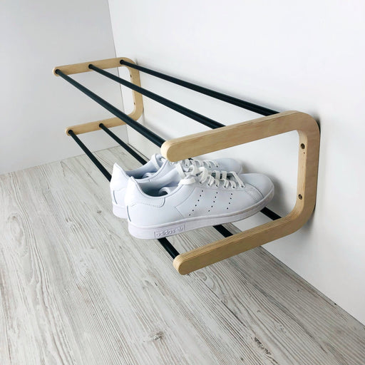 Double Tier Shoe Rack for Wall | Natural + Black Rods - Even Wood