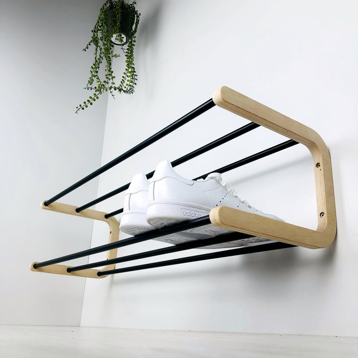 Double Tier Shoe Rack for Wall | Natural + Black Rods - Even Wood