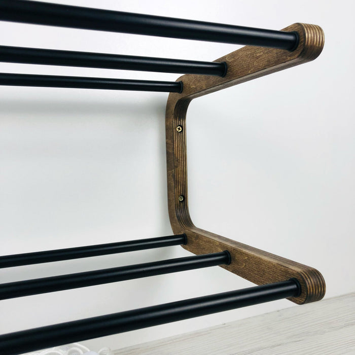 Double Tier Shoe Rack for Wall | Walnut + Black Rods - Even Wood