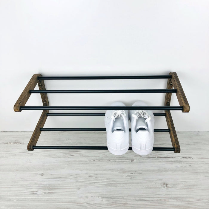 Double Tier Shoe Rack for Wall | Walnut + Black Rods - Even Wood