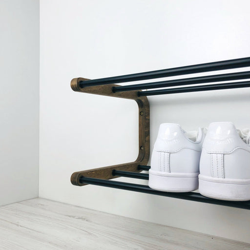 Double Tier Shoe Rack for Wall | Walnut + Black Rods - Even Wood