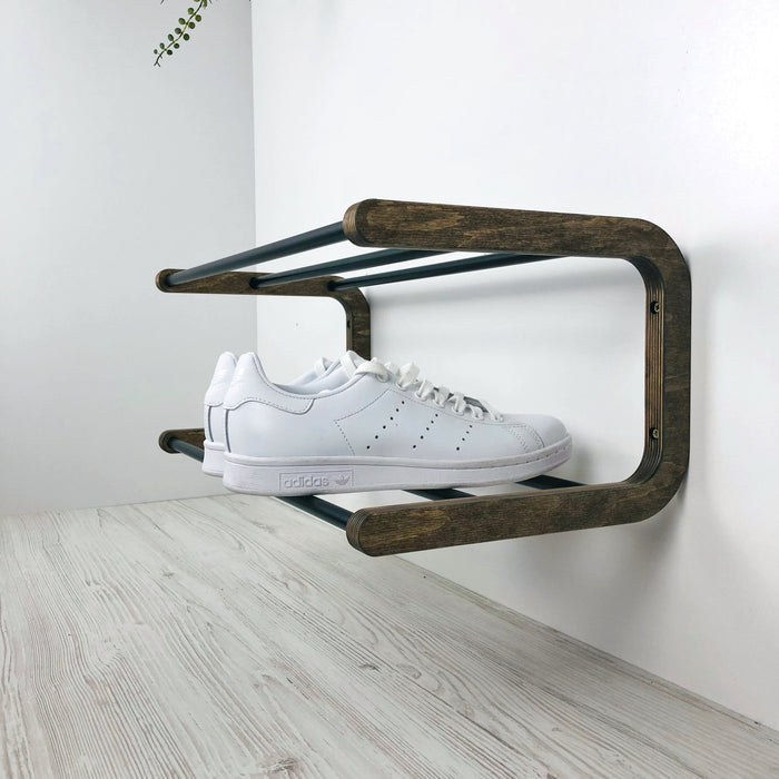 Double Tier Shoe Rack for Wall | Walnut + Black Rods - Even Wood