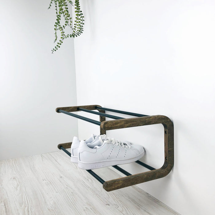 Double Tier Shoe Rack for Wall | Walnut + Black Rods - Even Wood