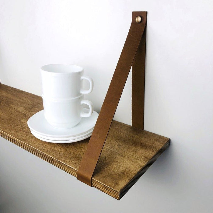 Floating Wooden Wall Shelf with Leather Straps - Even Wood