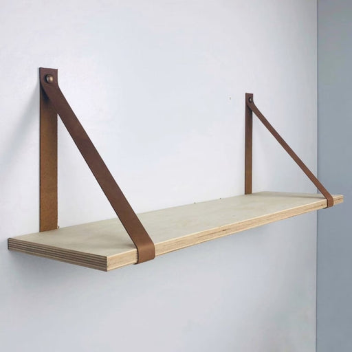 Floating Wooden Wall Shelf with Leather Straps - Even Wood