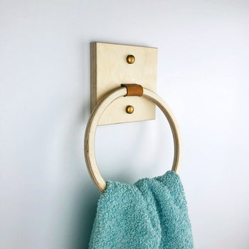 Leather & Wood Hand Towel Holder Ring | Natural