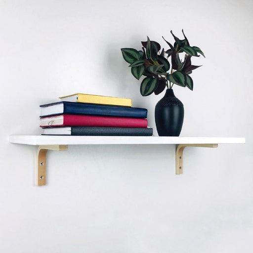 Modern White Floating Shelf with Wood Brackets - Even Wood