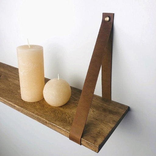 Small Bathroom Wall Shelf with Leather Straps - Even Wood