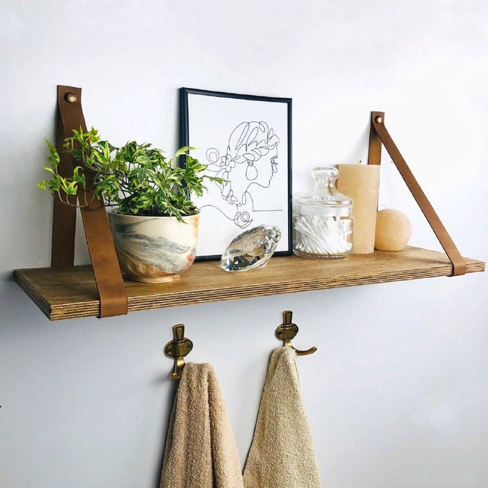 Small Bathroom Wall Shelf with Leather Straps - Even Wood