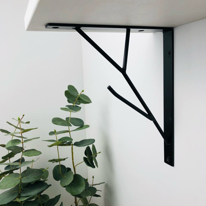 White Floating Shelf with Black Metal Brackets - Even Wood