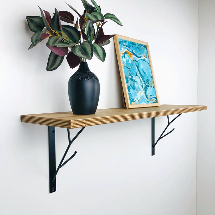 White Floating Shelf with Black Metal Brackets - Even Wood