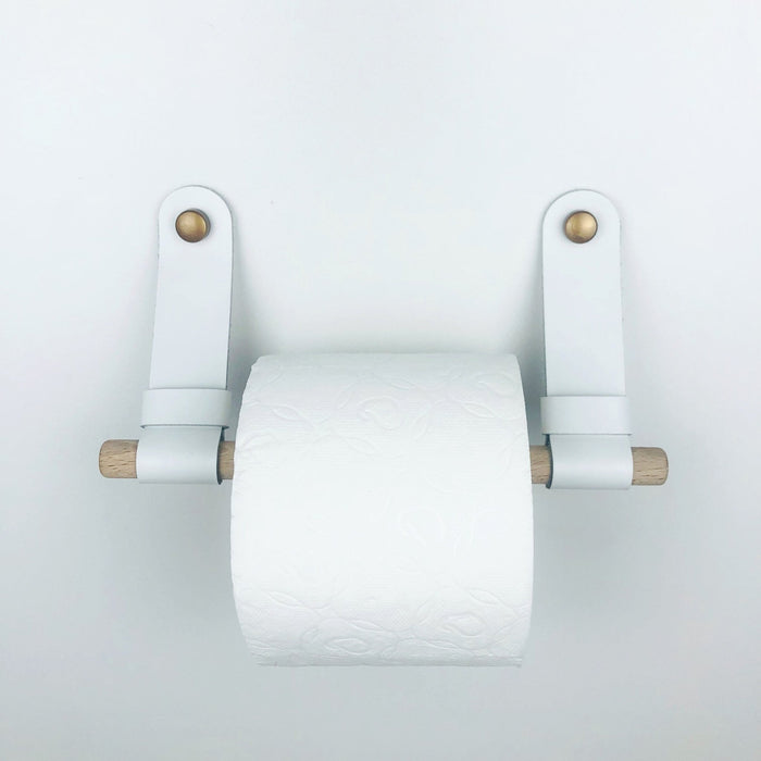 White leather toilet paper holder for wall, Modern toilet roll storage, Boho bathroom accessories - Even Wood
