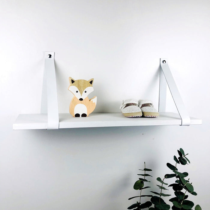 White Nursery Floating Shelf with Leather Brackets - Even Wood