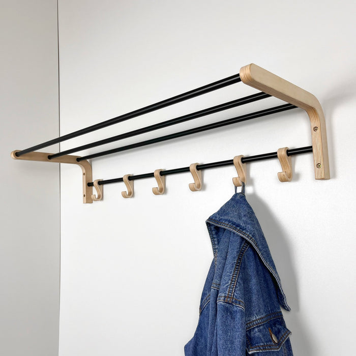 Wooden coat rack with hooks and shelf natural - Even Wood