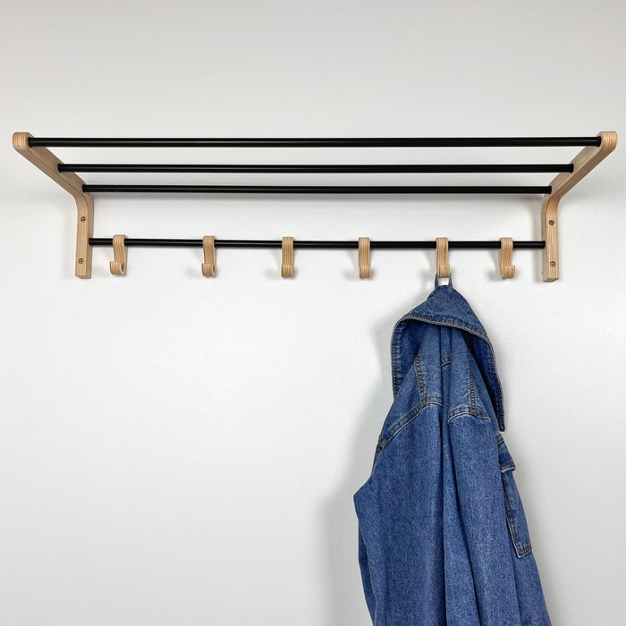 Wooden coat rack with hooks and shelf natural - Even Wood