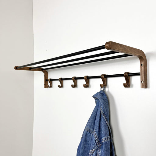 Wooden coat rack with hooks and shelf nut-brown - Even Wood