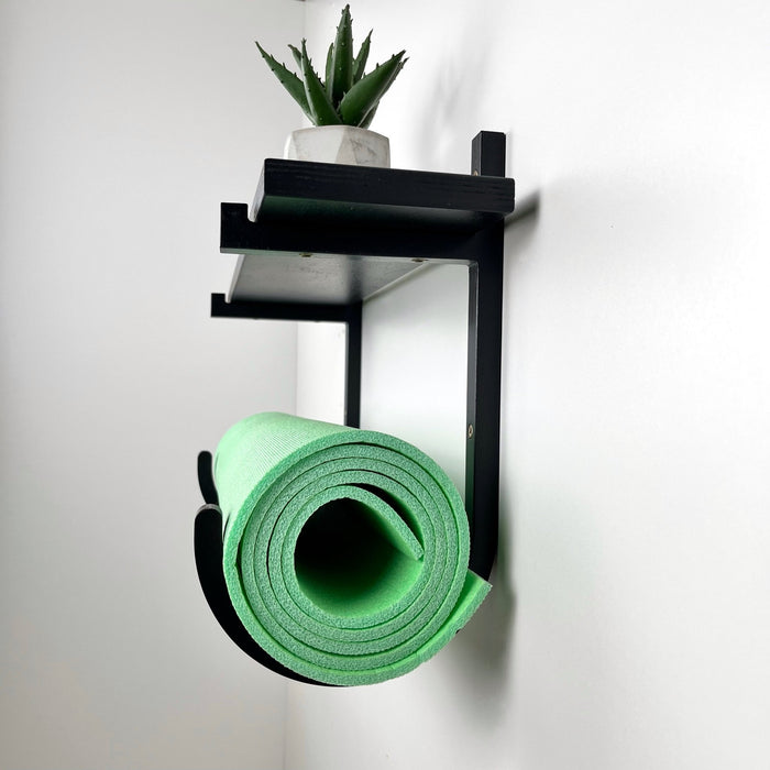 Yoga Mat Wall Rack with Shelf | Black - Even Wood